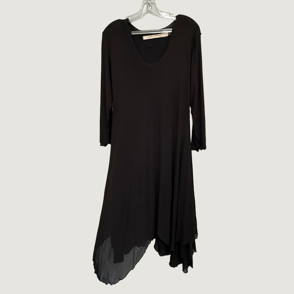 Cynthia Ashby Black Mesh Lagenlook Handkerchief Hem Midi Dress Womens Medium